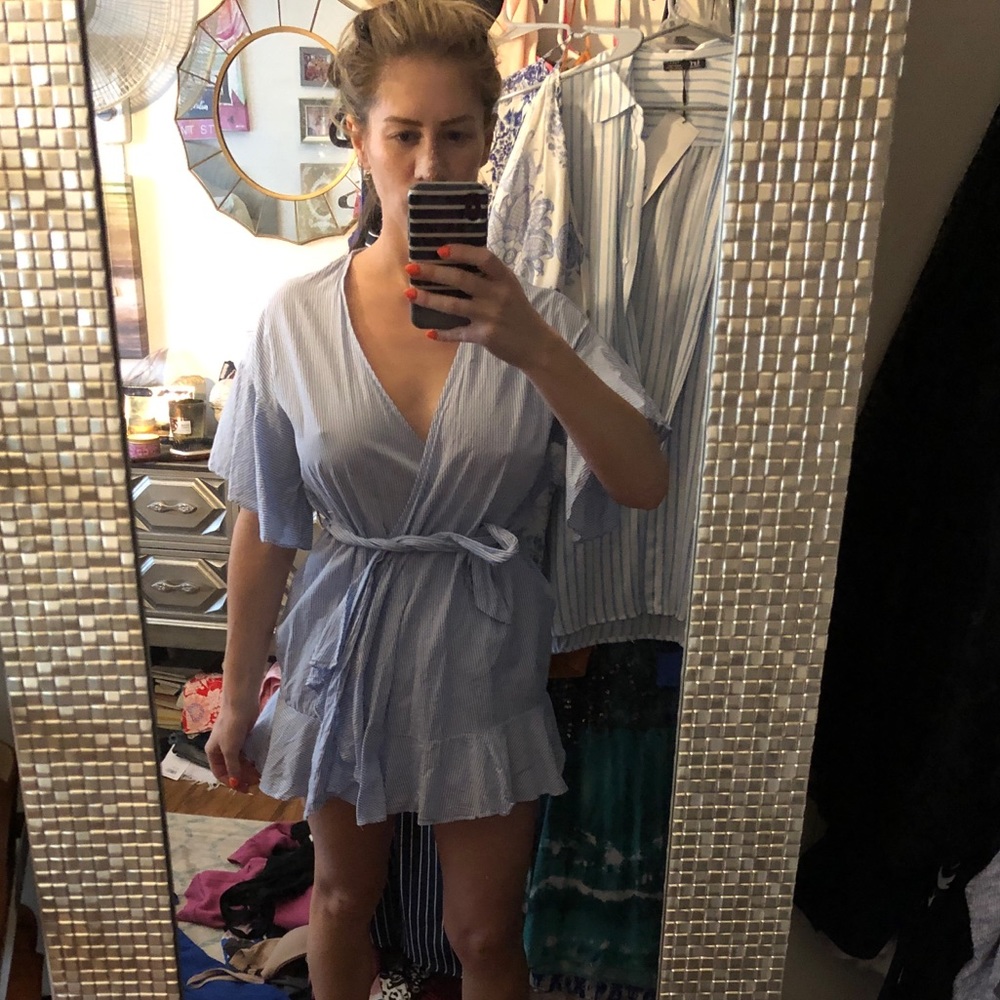 Striped ruffle mini wrap dress